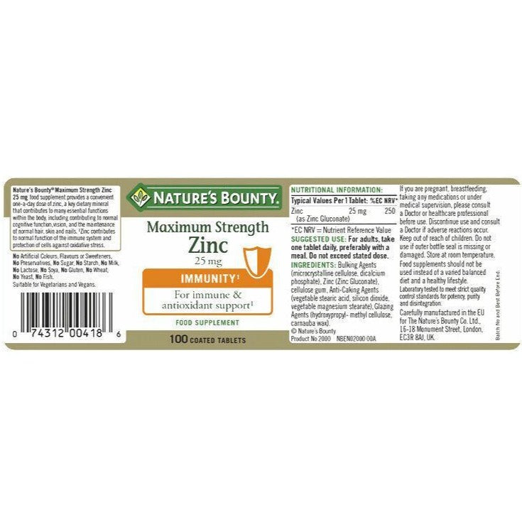 Nature's Bounty Maximum Strength Zinc 25mg Tablets - Pack of 100