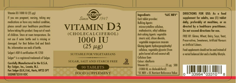 Solgar Vitamin D3 Cholecalciferol 1000iu