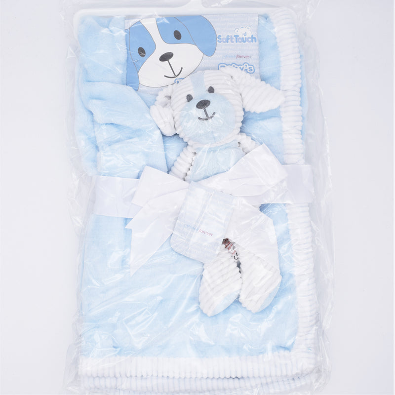 Blue soft touch baby's wrap and toy set