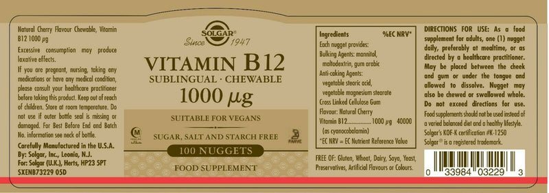 Solgar Vitamin B12 1000 µg Sublingual - Chewable Nuggets - Pack of 100