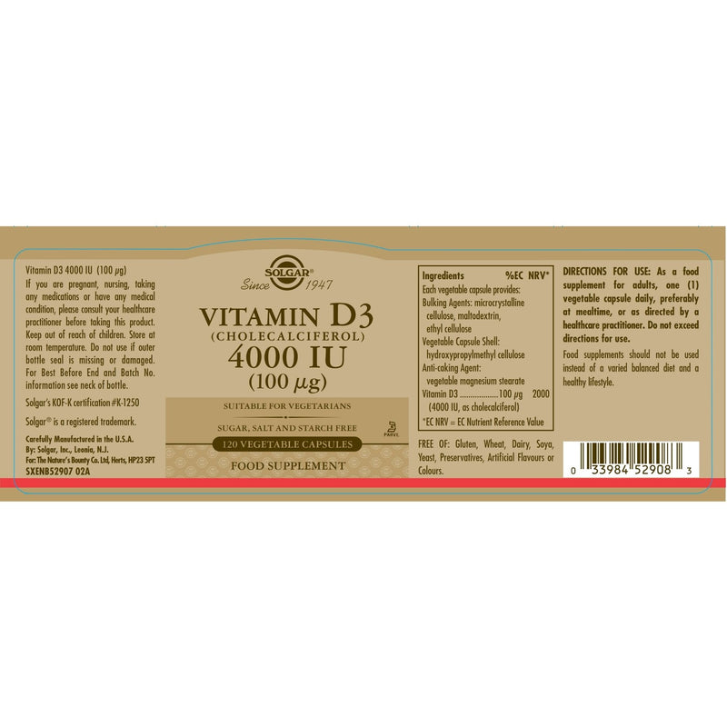 Solgar Vitamin D3 (Cholecalciferol) 4000iu 120 Capsules